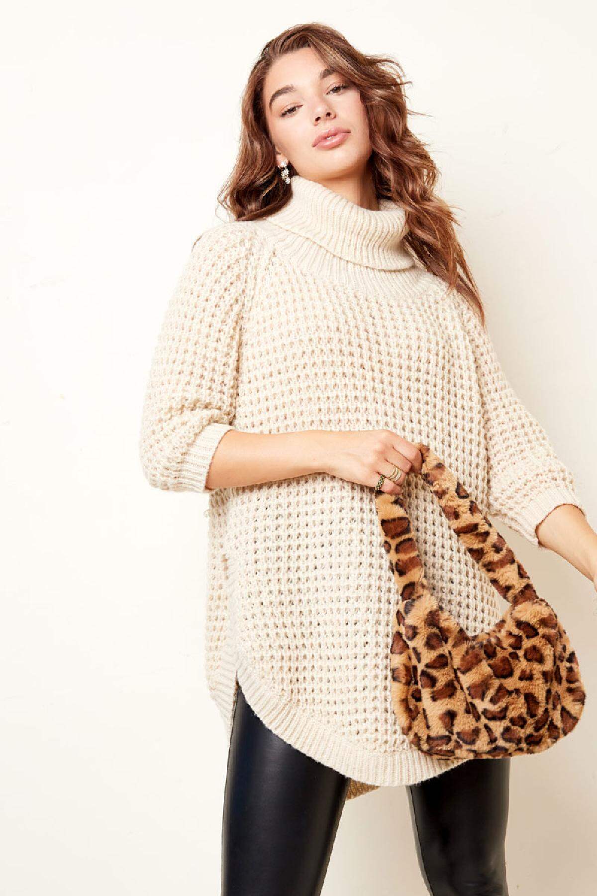Langer Rollkragenpullover in Grobstrick Sand S/M h5 Bild3