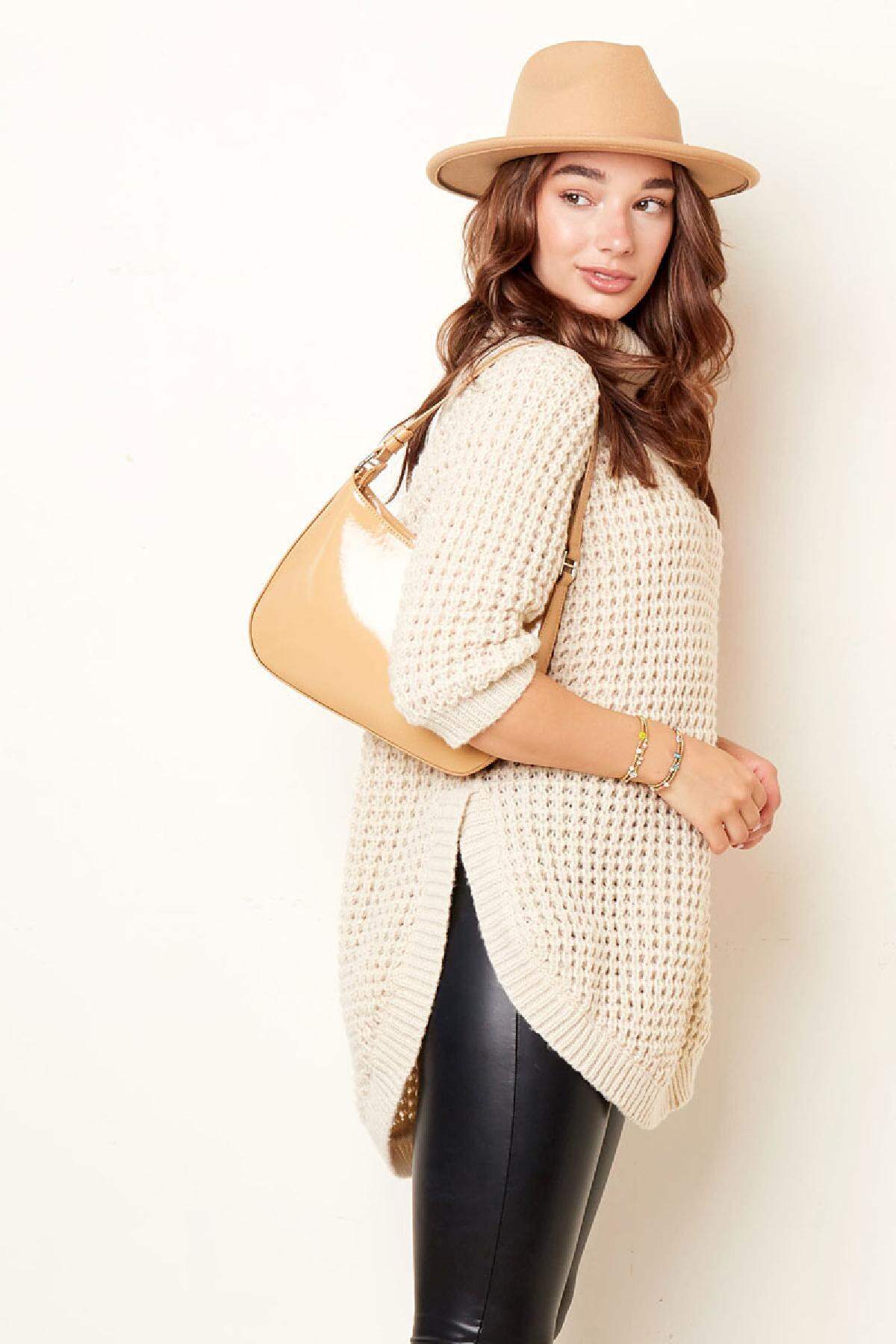 Langer Rollkragenpullover in Grobstrick Sand S/M Bild5