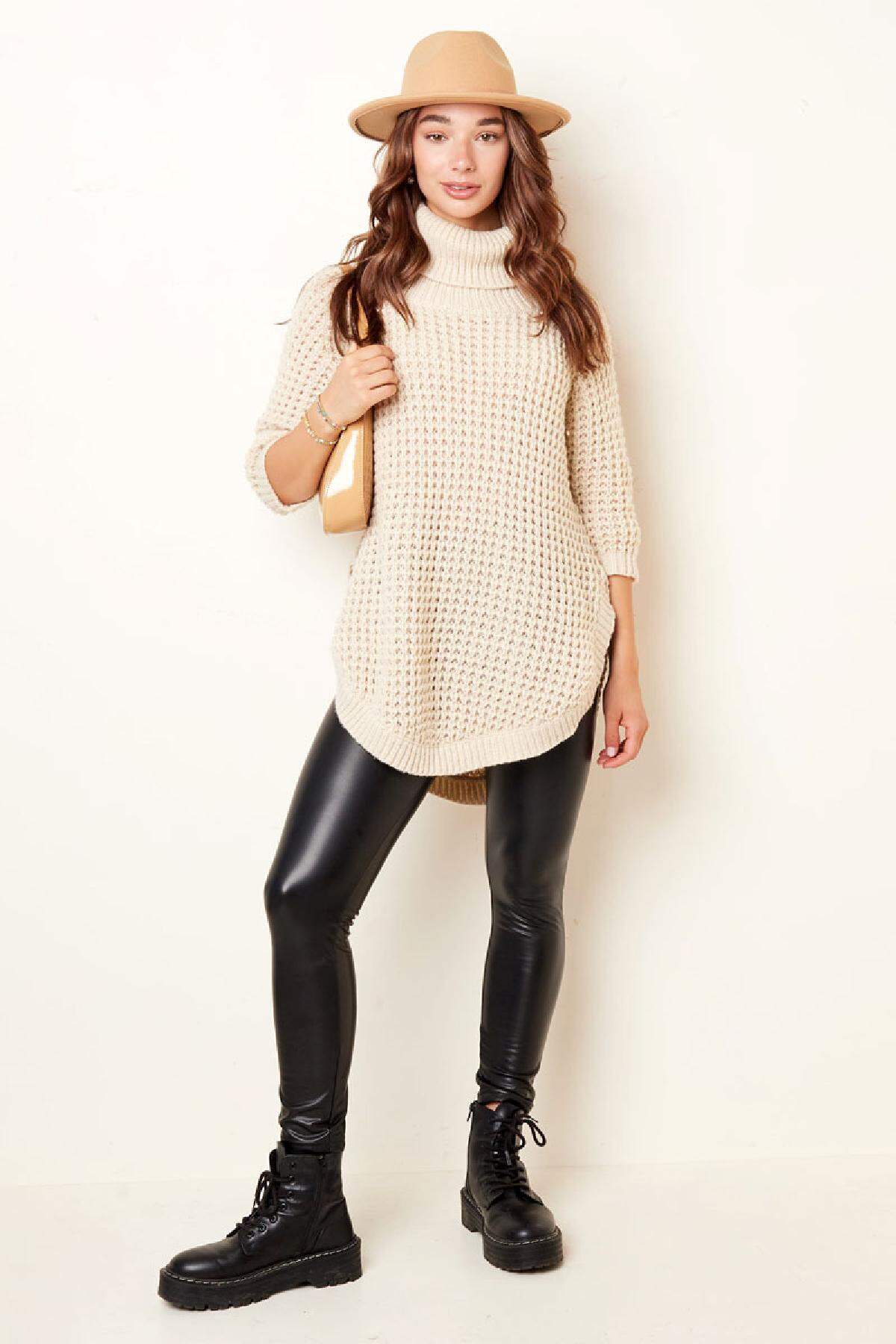 Langer Rollkragenpullover in Grobstrick Sand S/M h5 Bild7
