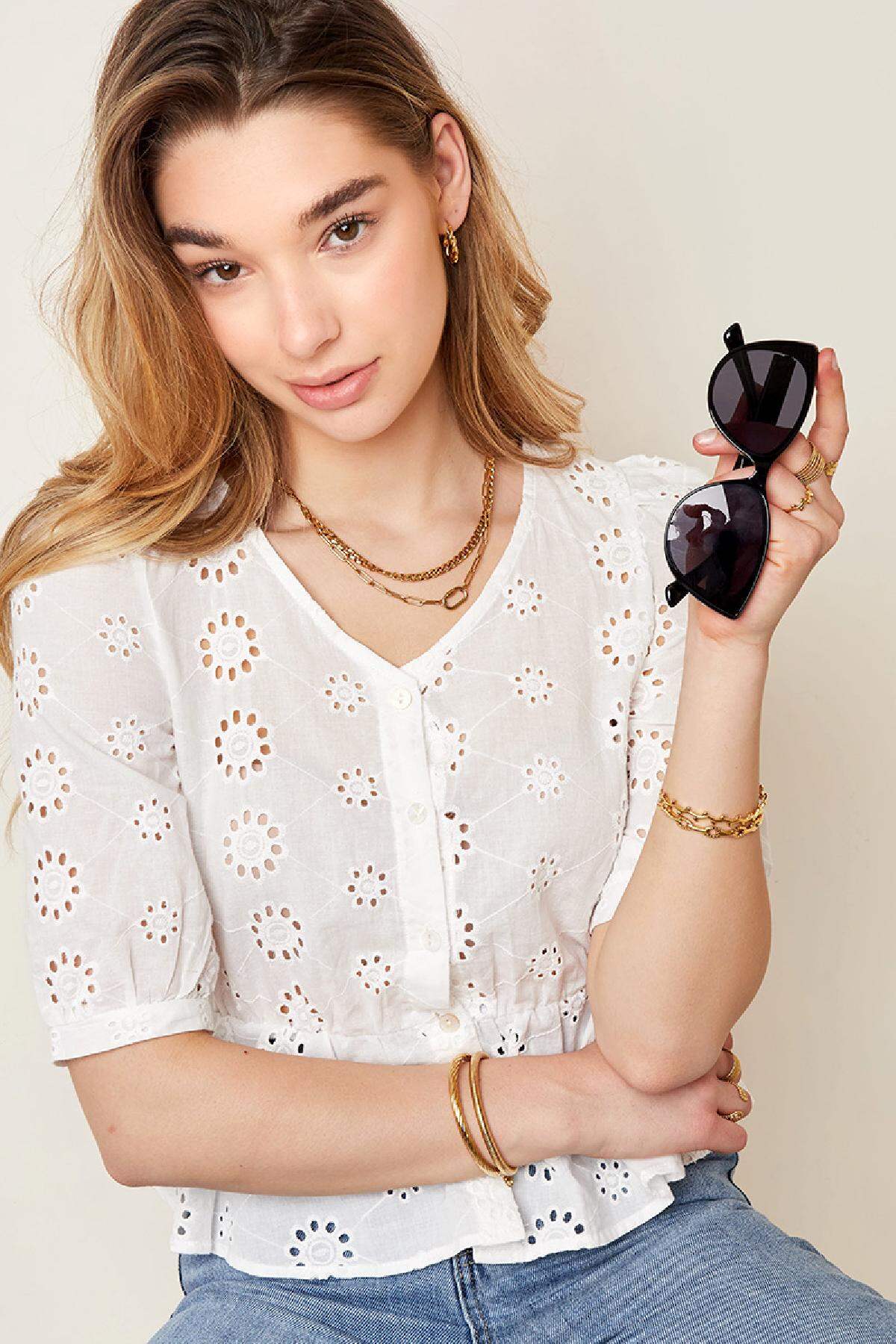 Broderie anglaise üst White S Resim2
